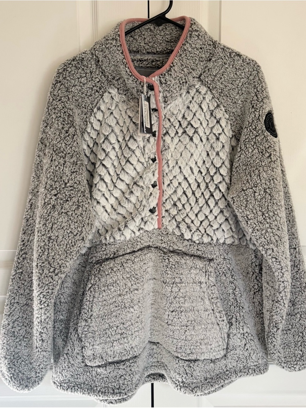 Simply Southern Sherpa Snap Button Pullover Jacket Gray w/ Pink Trim Women’s XXL
